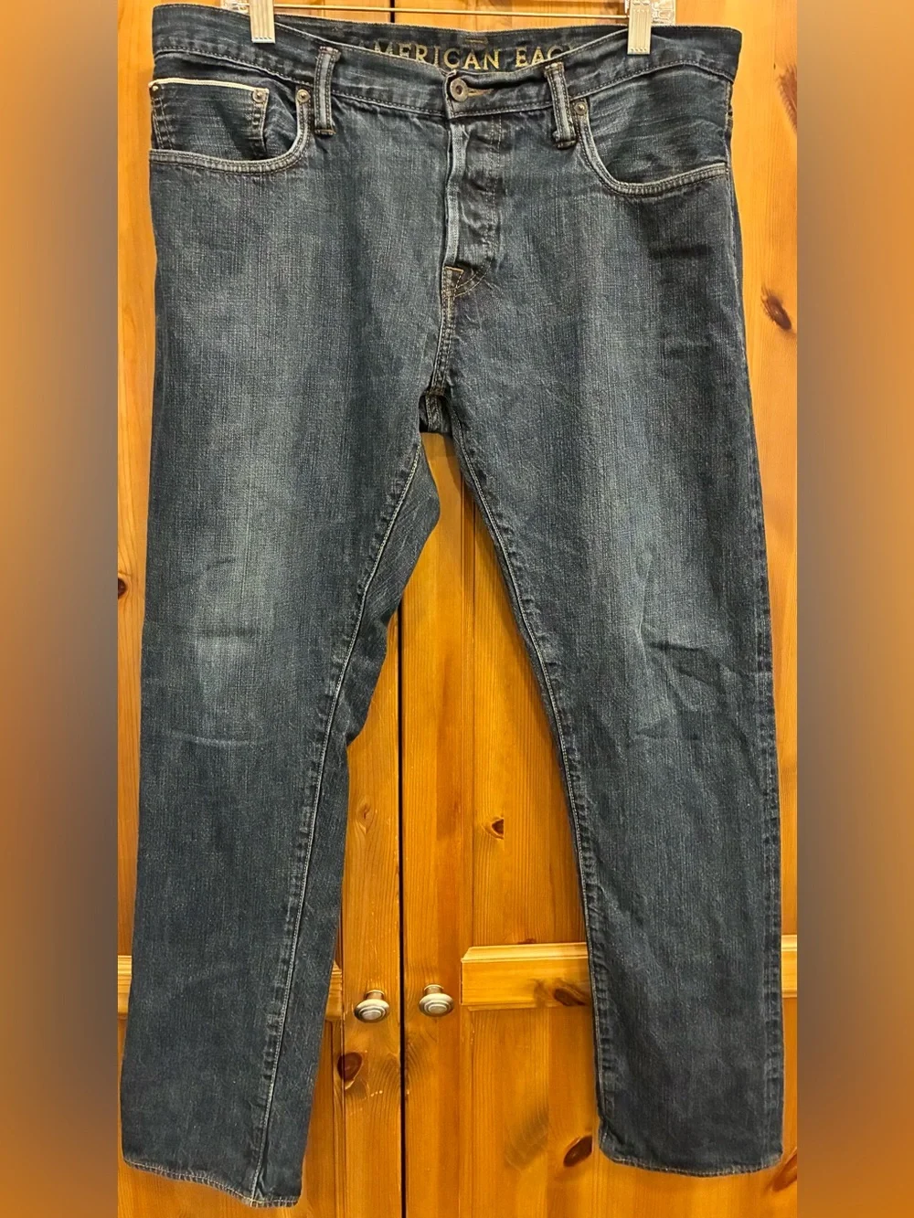American Eagle Button Fly Blue Jeans Skinny Straight Mens 36x32